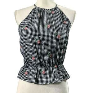 Anna Grace Gingham Top Womens‎ Small Black White Check Pink Embroidered Flowers